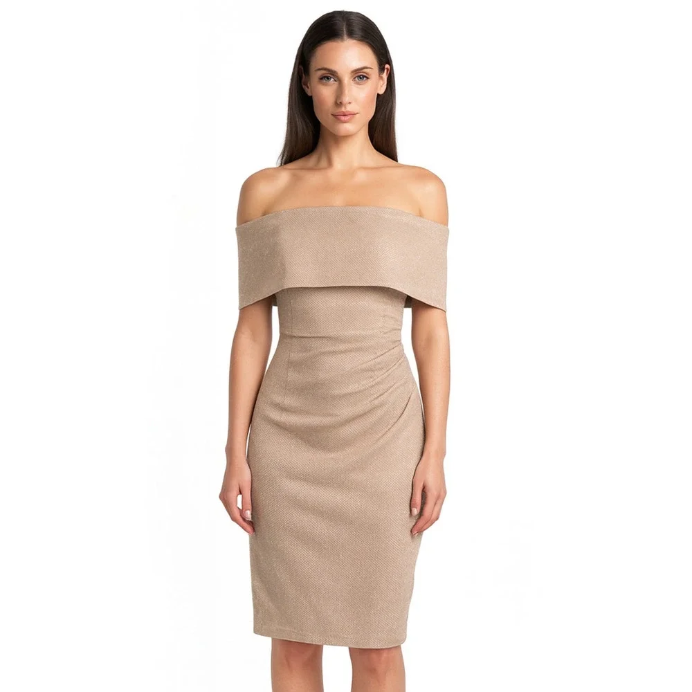 Vince Camuto Champagne Shimmer Off The Shoulder Sheath Dress Size 8 NWT